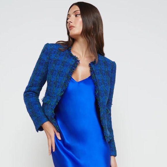 L'AGENCE Angelina Tweed Blazer in Pop Cobalt Green Multi - Picture 1 of 11